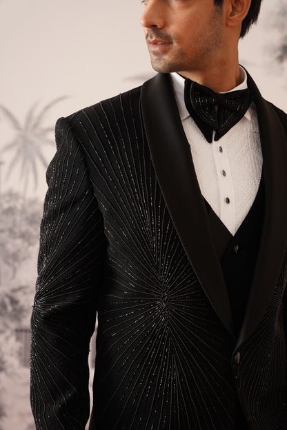 Black Tuxedo Suit With Radiating Crystal Sunburst Embroidery