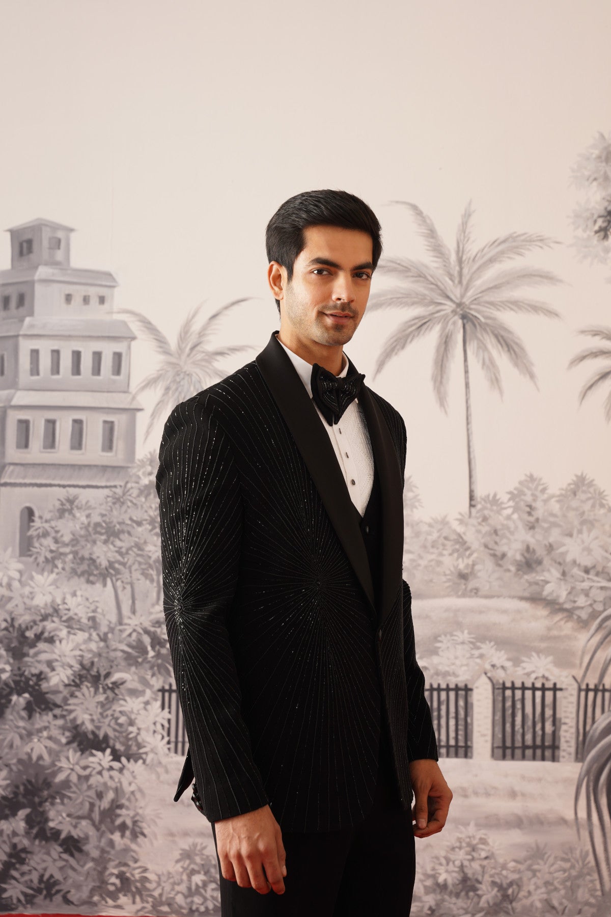 Black Tuxedo Suit With Radiating Crystal Sunburst Embroidery