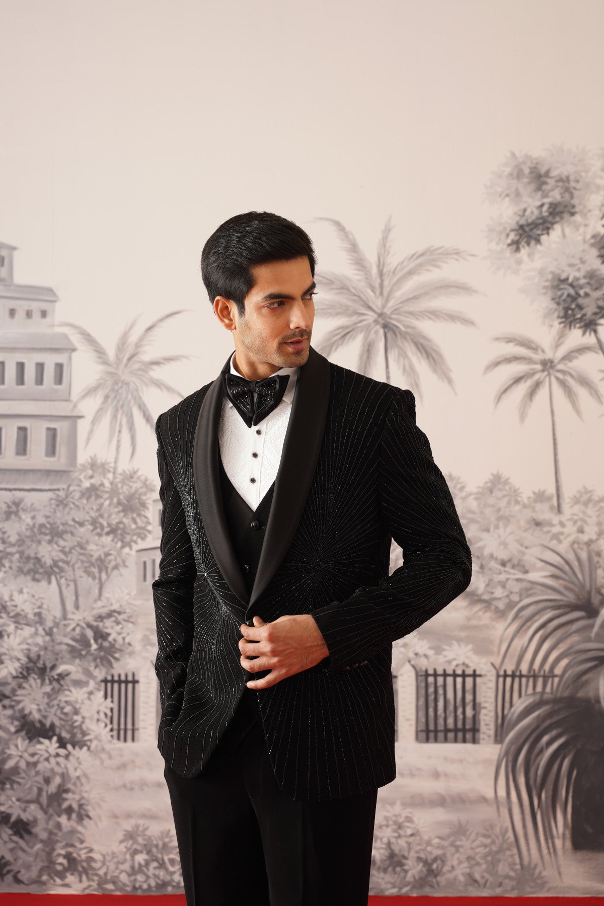 Black Tuxedo Suit With Radiating Crystal Sunburst Embroidery
