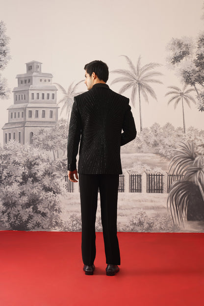 Black Tuxedo Suit With Radiating Crystal Sunburst Embroidery