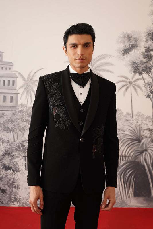 Black Tuxedo Suit With Pleated Sleeves & Hand Embroidery