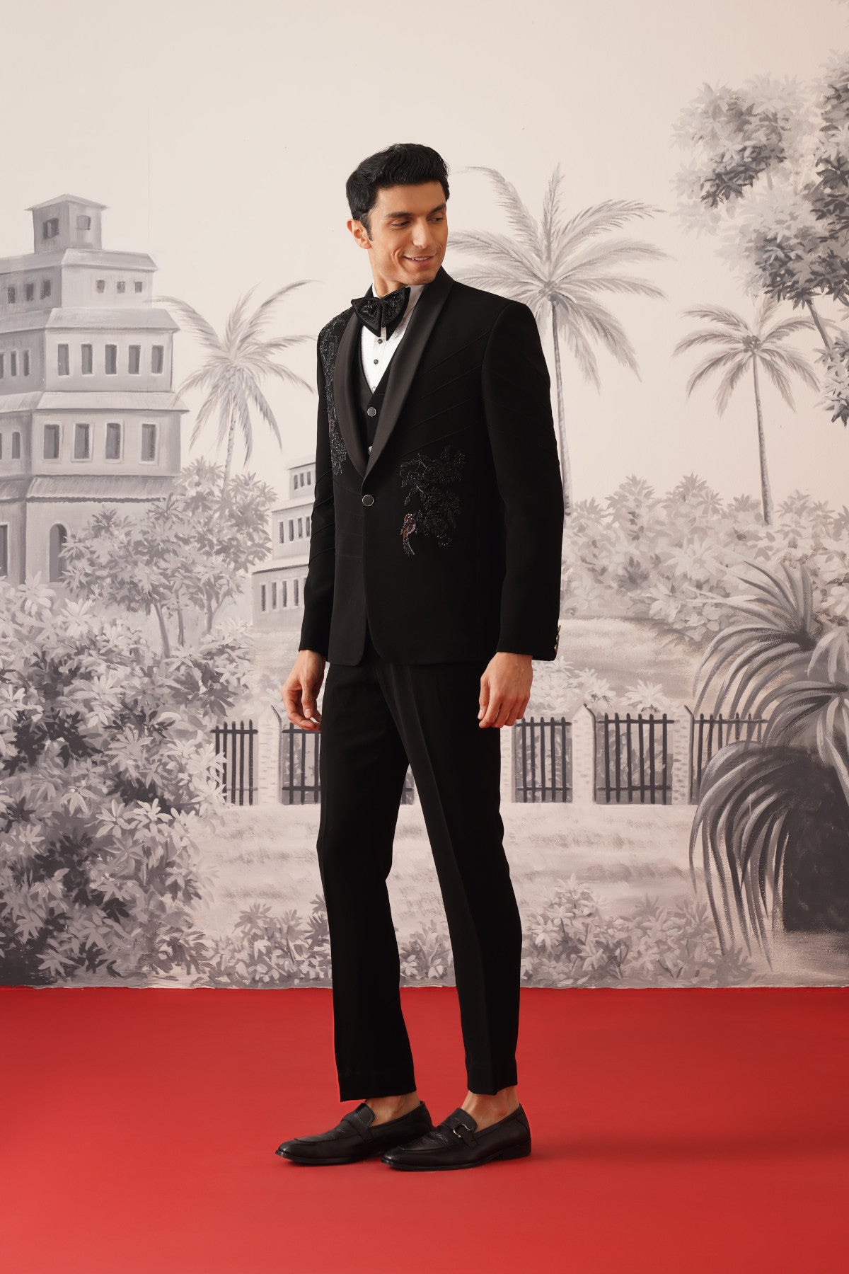 Black Tuxedo Suit With Pleated Sleeves & Hand Embroidery