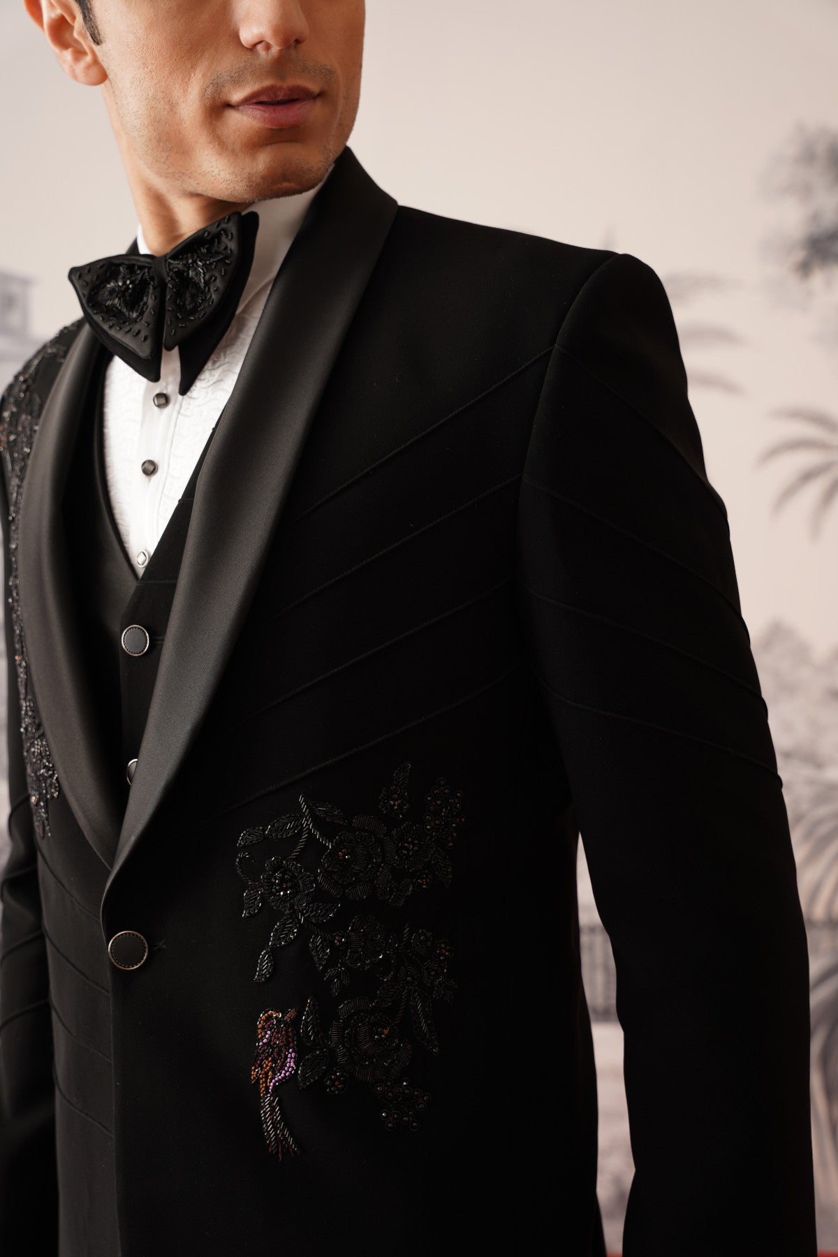 Black Tuxedo Suit With Pleated Sleeves & Hand Embroidery