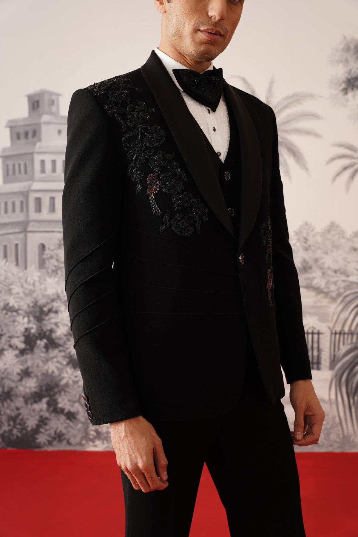 Black Tuxedo Suit With Pleated Sleeves & Hand Embroidery