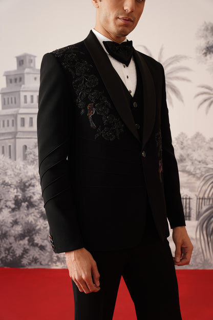 Black Tuxedo Suit With Pleated Sleeves & Hand Embroidery