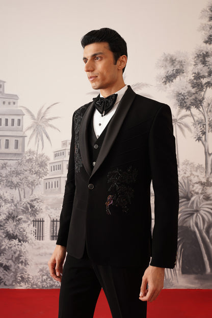 Black Tuxedo Suit With Pleated Sleeves & Hand Embroidery