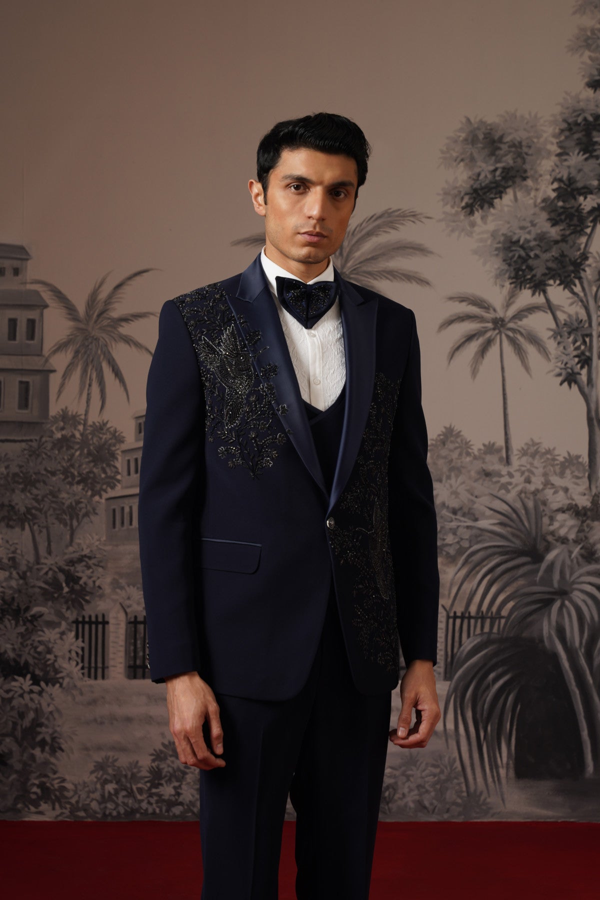 Midnight Blue Tuxedo Suit With Tone-On-Tone Beaded Embroidery
