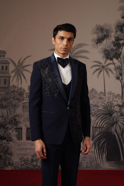 Midnight Blue Tuxedo Suit With Tone-On-Tone Beaded Embroidery