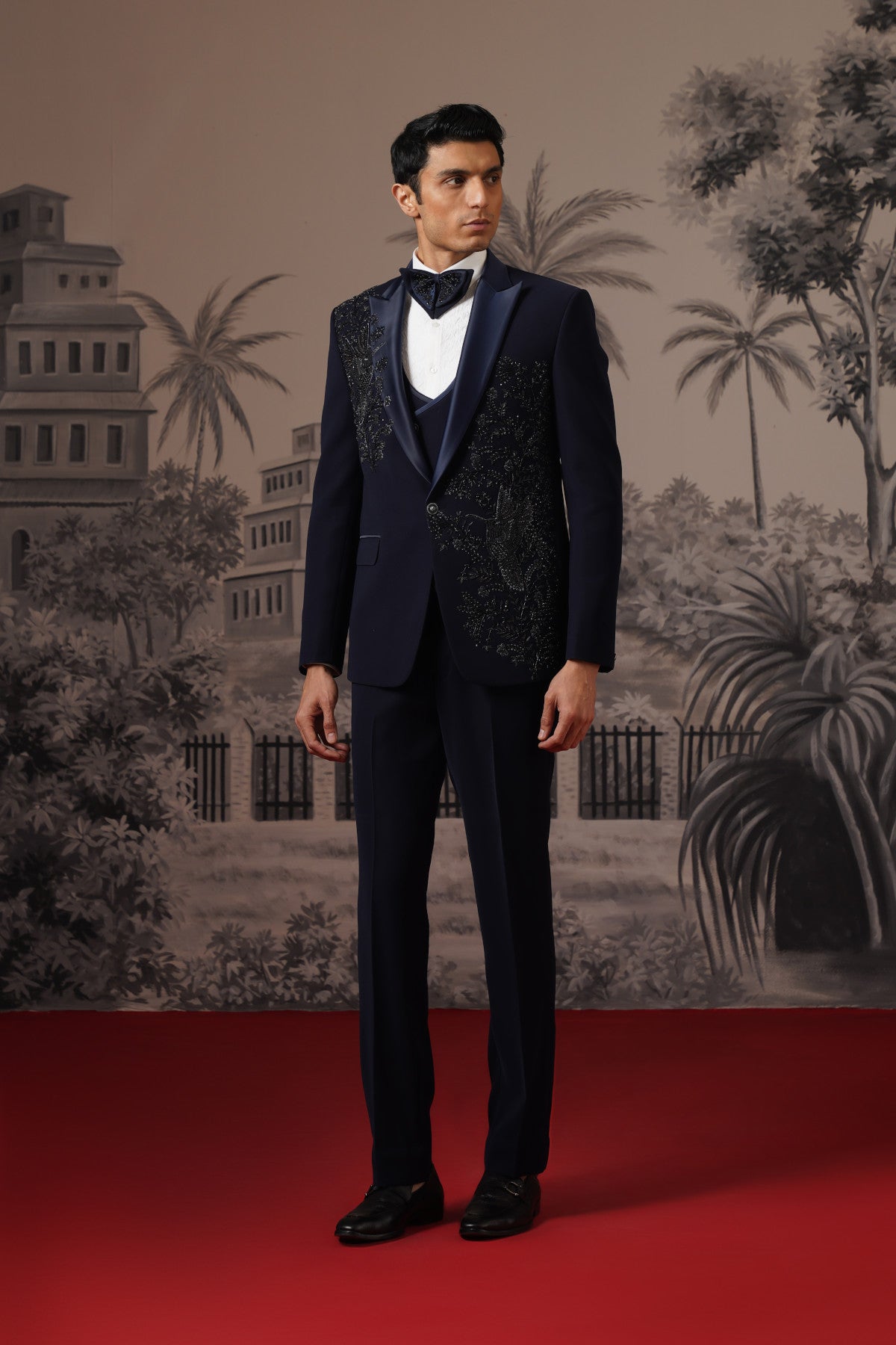 Midnight Blue Tuxedo Suit With Tone-On-Tone Beaded Embroidery