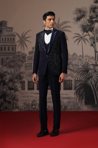 Midnight Blue Tuxedo Suit With Tone-On-Tone Beaded Embroidery