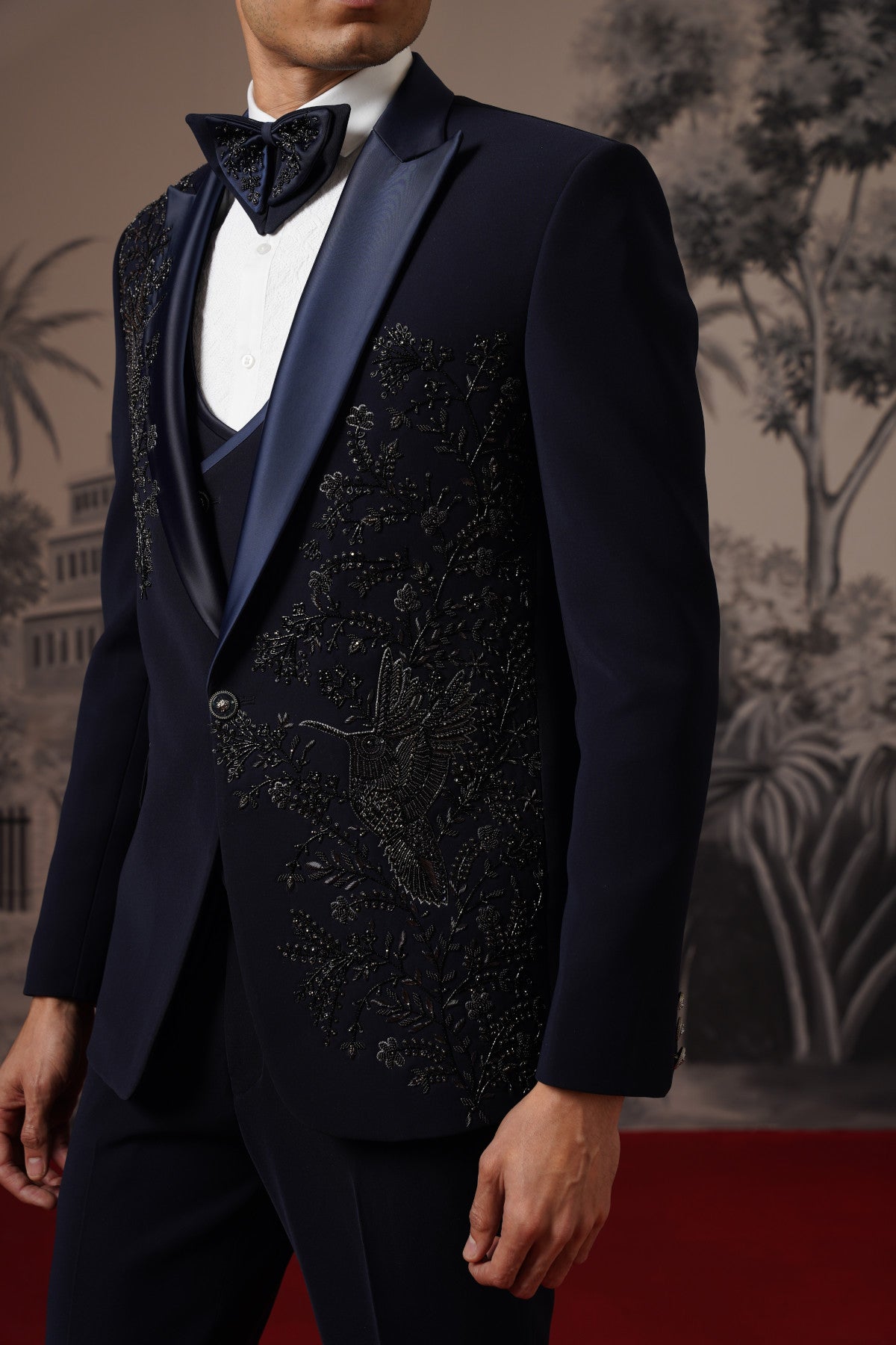 Midnight Blue Tuxedo Suit With Tone-On-Tone Beaded Embroidery