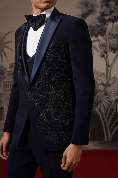 Midnight Blue Tuxedo Suit With Tone-On-Tone Beaded Embroidery