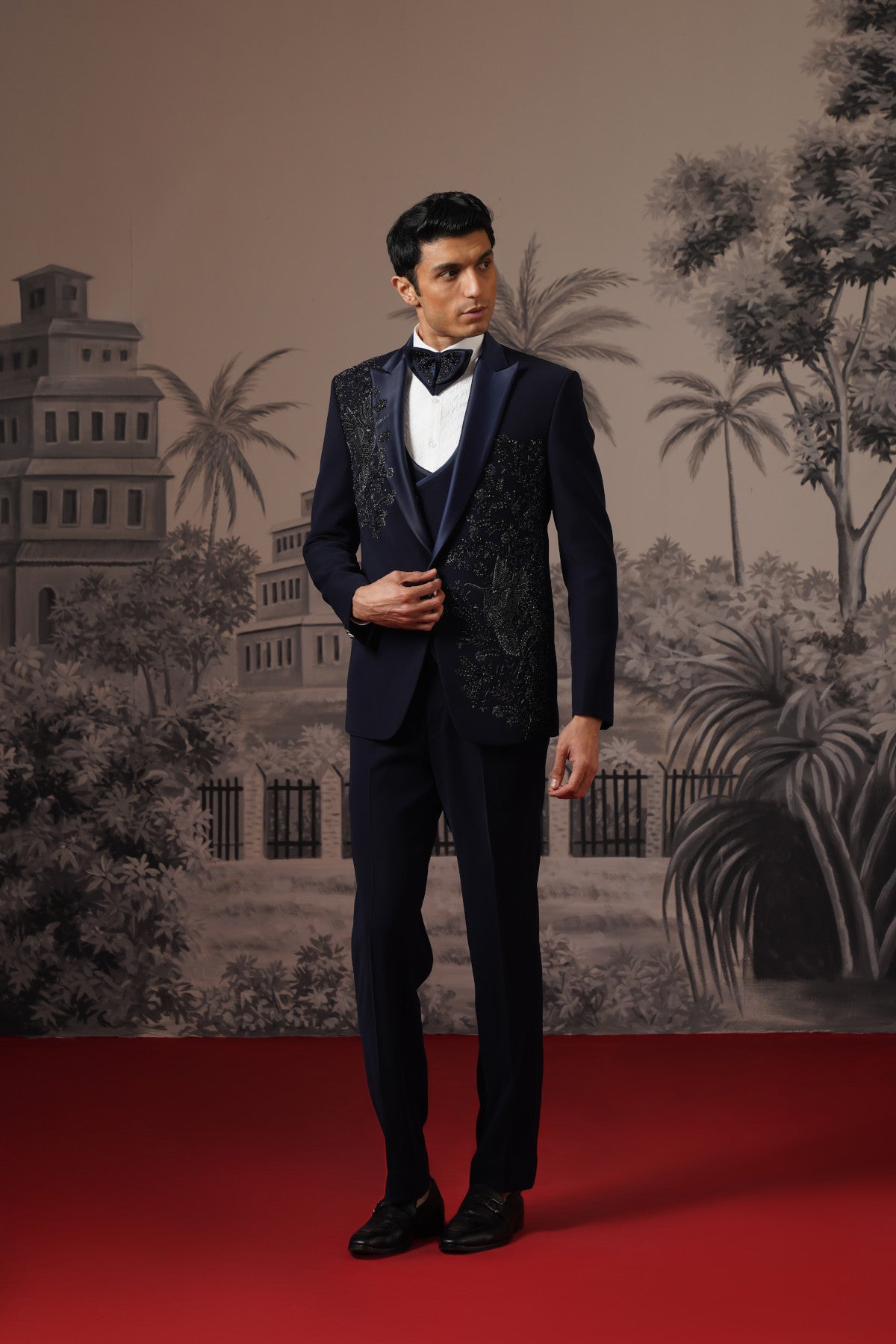 Midnight Blue Tuxedo Suit With Tone-On-Tone Beaded Embroidery