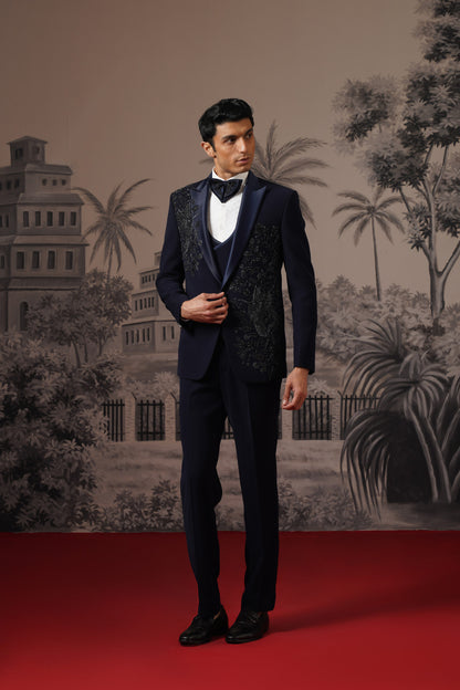 Midnight Blue Tuxedo Suit With Tone-On-Tone Beaded Embroidery