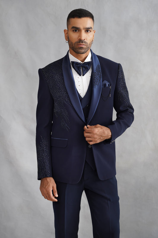 Blue Tuxedo Hand Embroidered on Italian Fabric