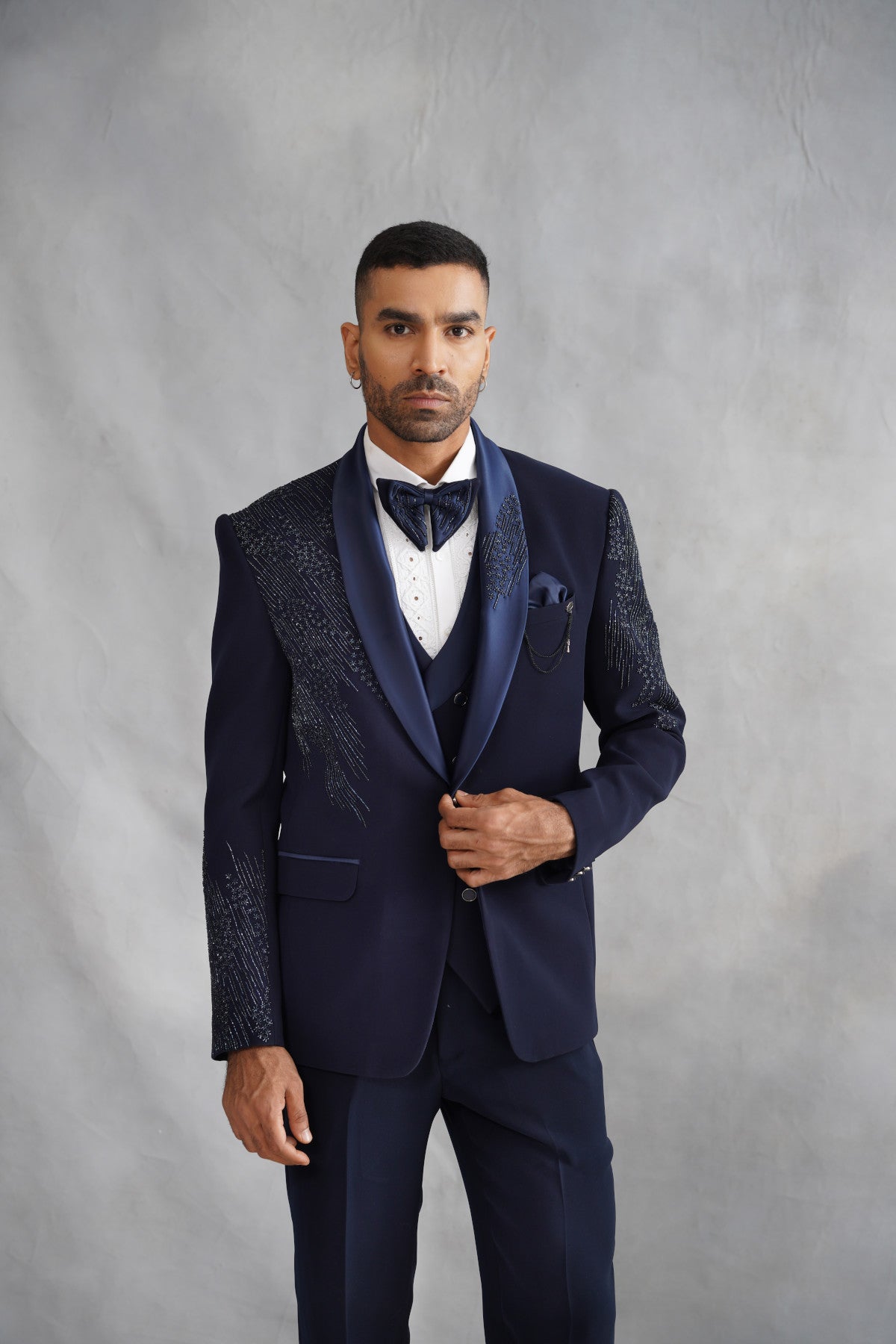 Navy Blue Tuxedo with Cascading Linear Beadwork