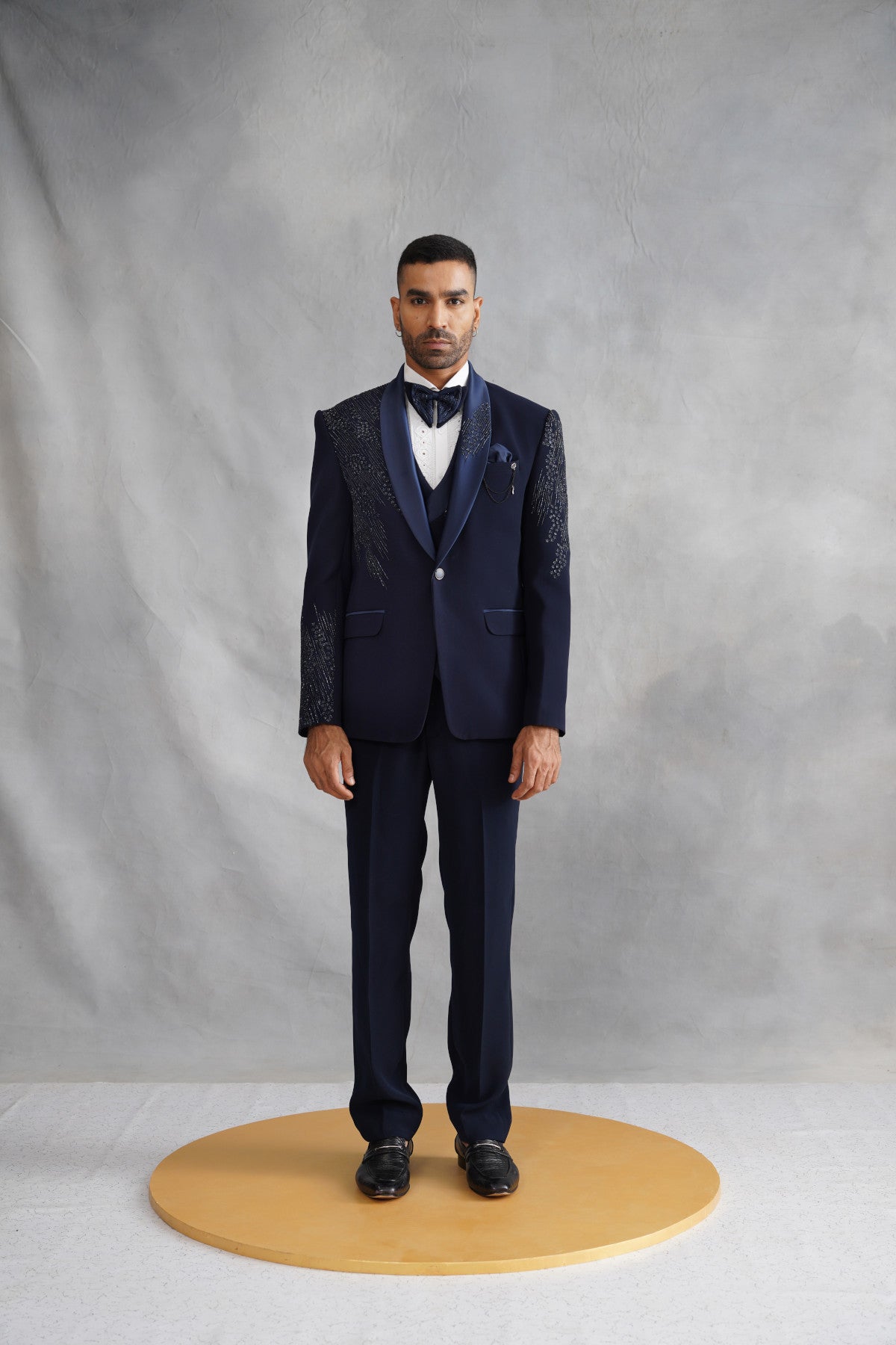 Navy Blue Tuxedo with Cascading Linear Beadwork