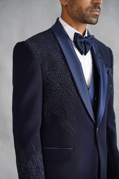 Navy Blue Tuxedo with Cascading Linear Beadwork