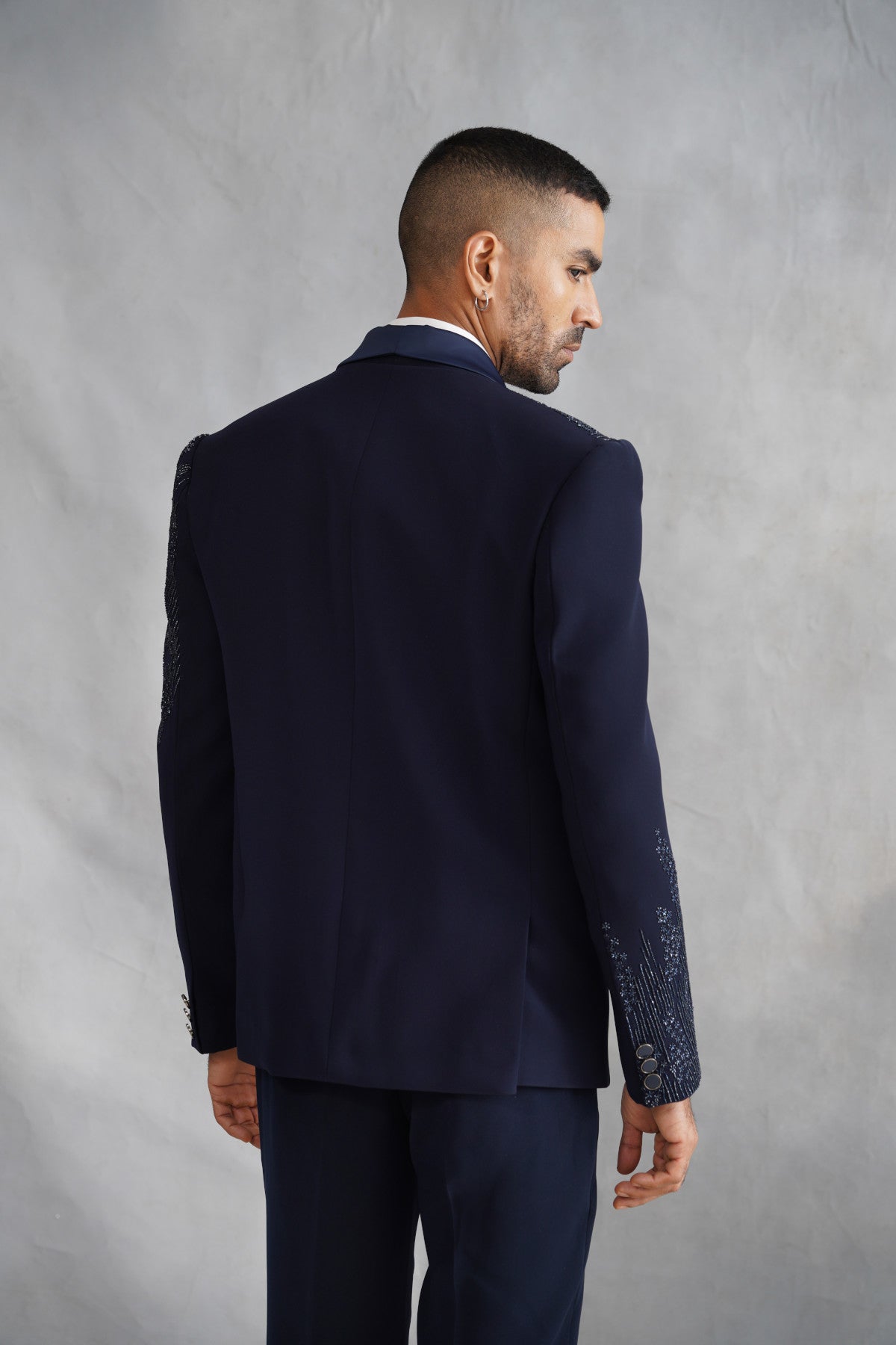 Navy Blue Tuxedo with Cascading Linear Beadwork