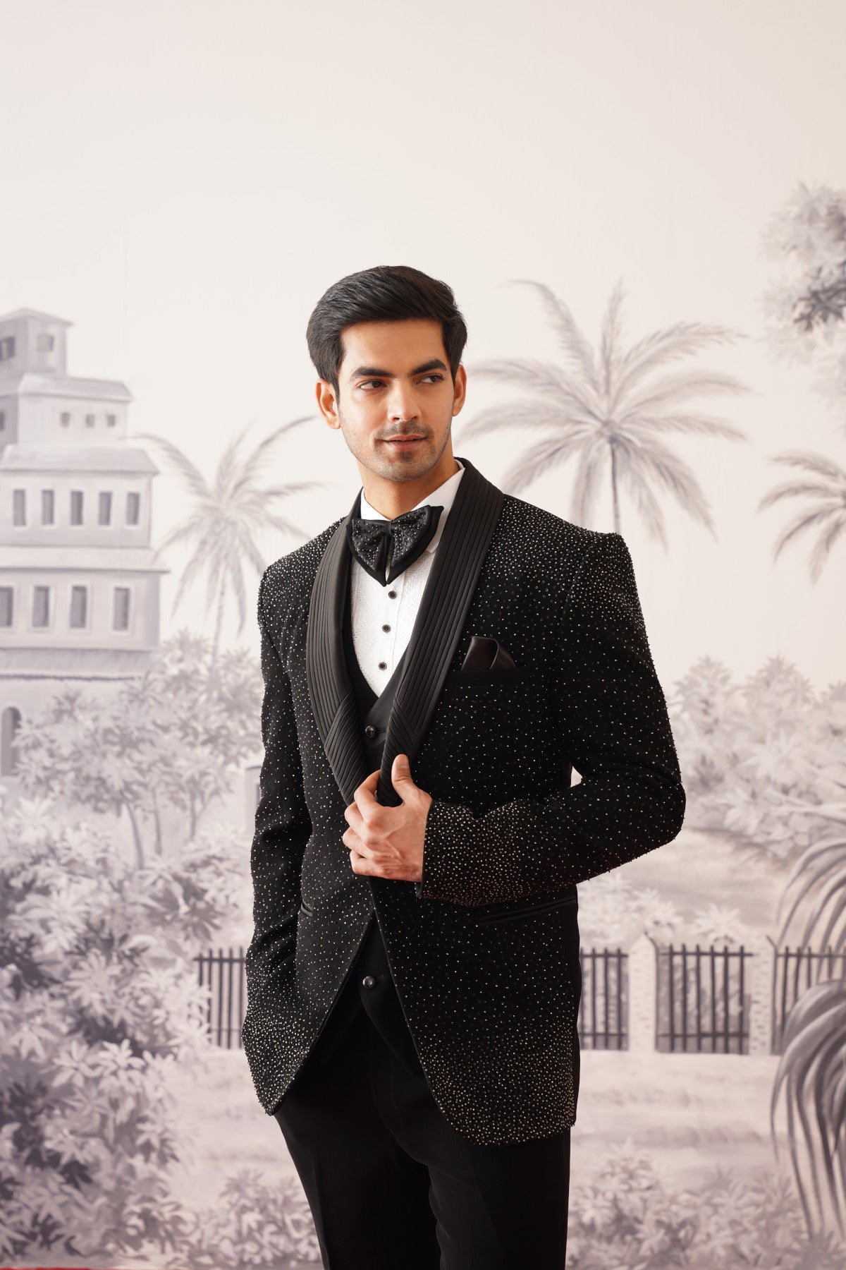 Black Shimmer Tuxedo Suit With All-Over Crystal Scatter & Ribbed Lapel