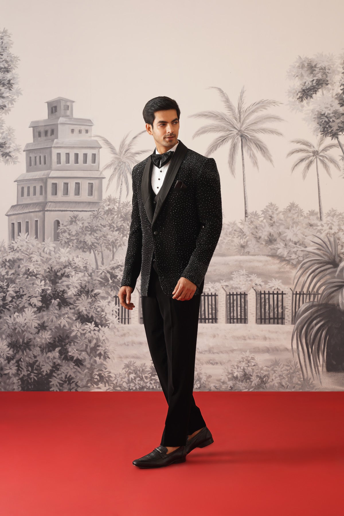 Black Shimmer Tuxedo Suit With All-Over Crystal Scatter & Ribbed Lapel