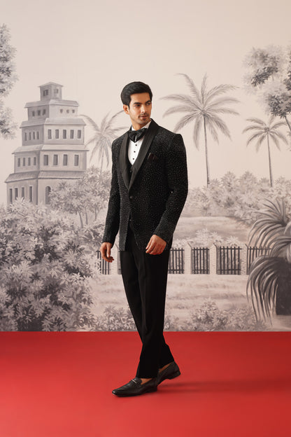 Black Shimmer Tuxedo Suit With All-Over Crystal Scatter & Ribbed Lapel