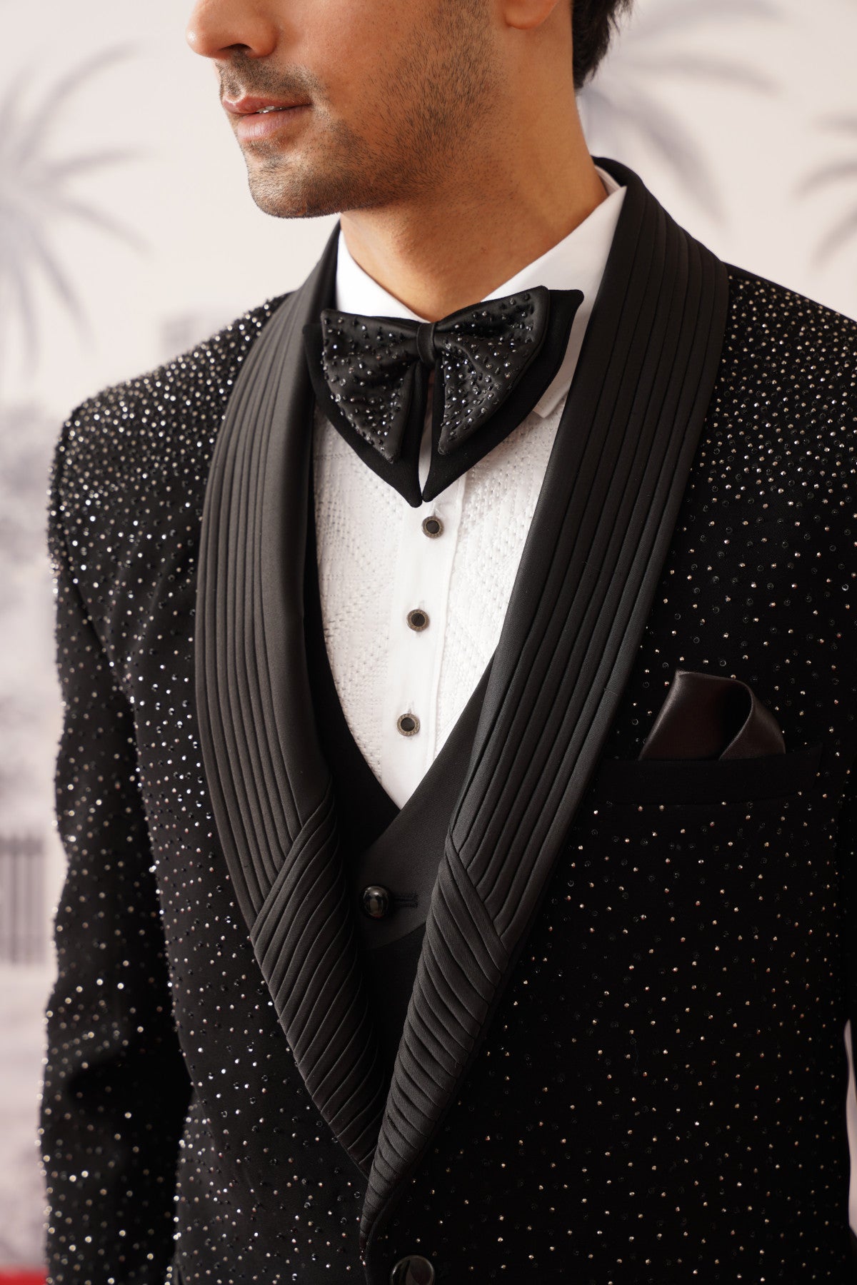 Black Shimmer Tuxedo Suit With All-Over Crystal Scatter & Ribbed Lapel