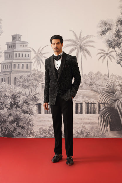 Black Shimmer Tuxedo Suit With All-Over Crystal Scatter & Ribbed Lapel