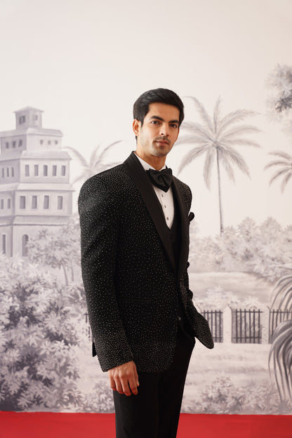 Black Shimmer Tuxedo Suit With All-Over Crystal Scatter & Ribbed Lapel