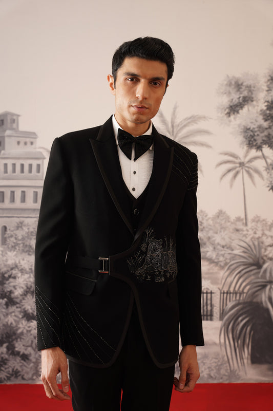 Black Belted Tuxedo Suit With Silver Tiger Embroidery