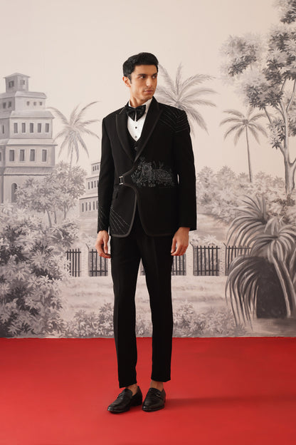 Black Belted Tuxedo Suit With Silver Tiger Embroidery