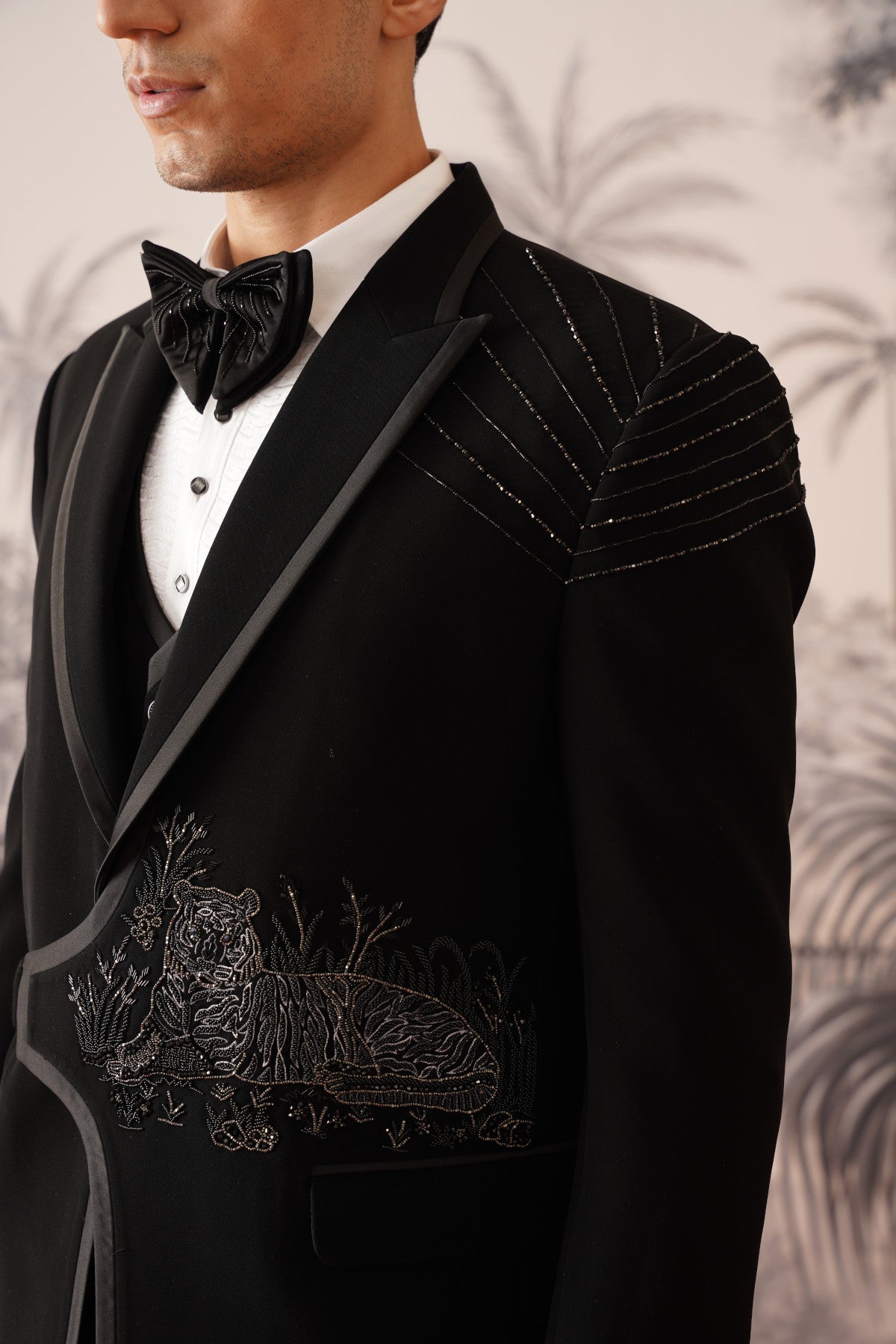 Black Belted Tuxedo Suit With Silver Tiger Embroidery