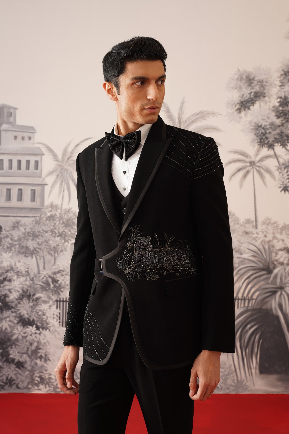 Black Belted Tuxedo Suit With Silver Tiger Embroidery