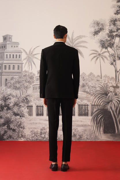 Black Belted Tuxedo Suit With Silver Tiger Embroidery