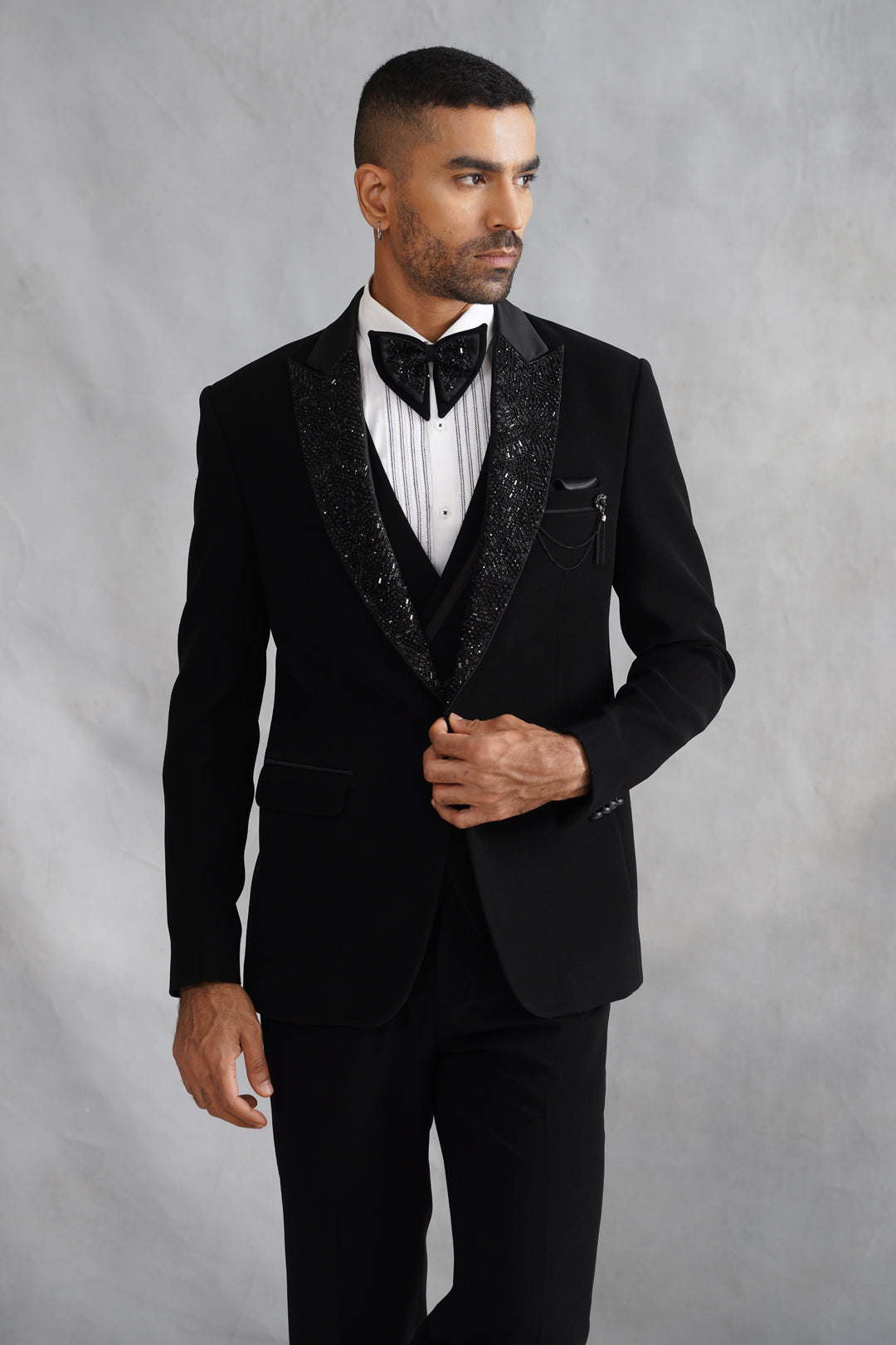Black Hand Embroidered Tuxedo on Italian Fabric