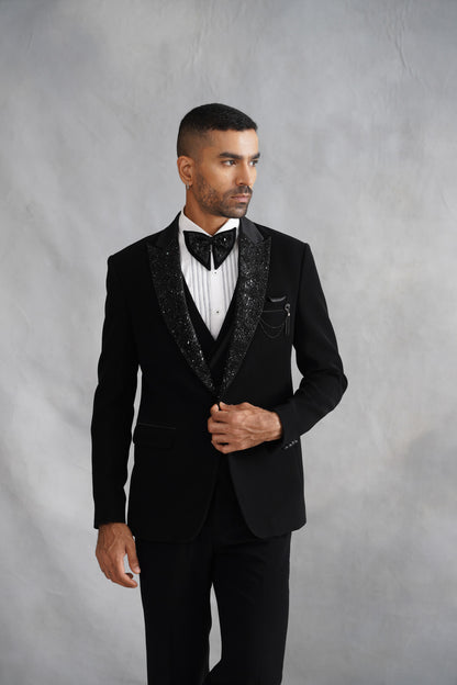 Black Tuxedo with Densely Embellished Crystal Lapel