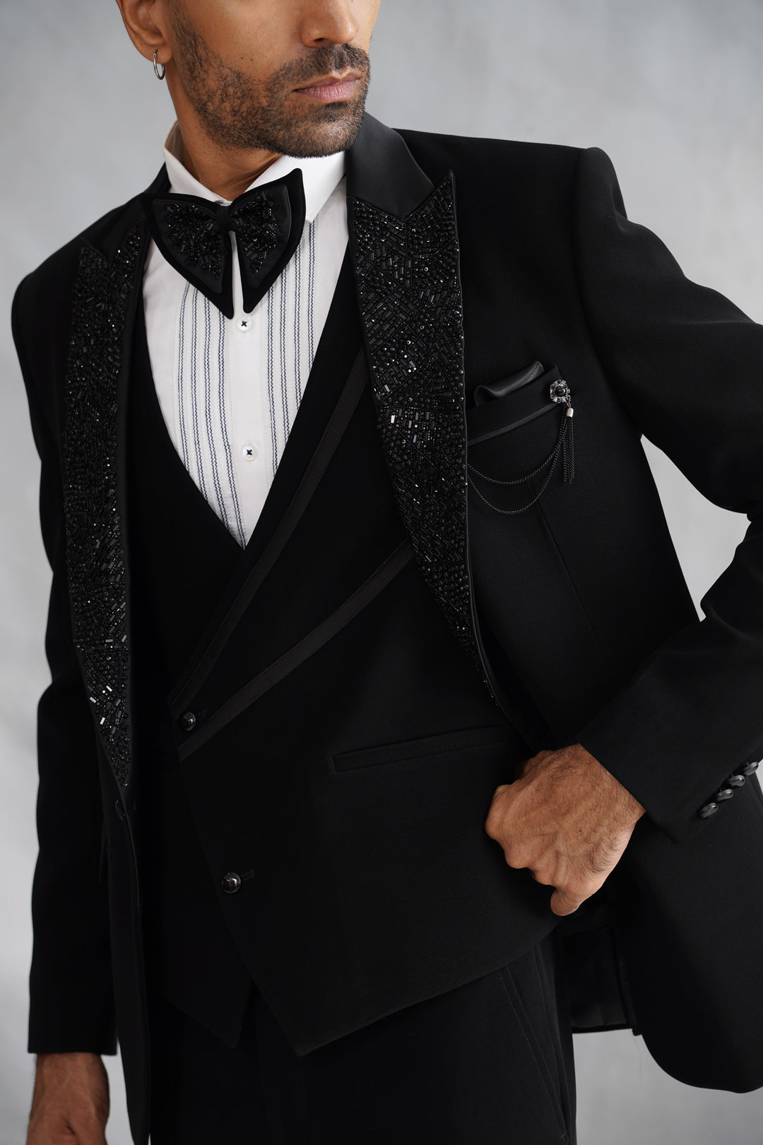 Black Hand Embroidered Tuxedo on Italian Fabric