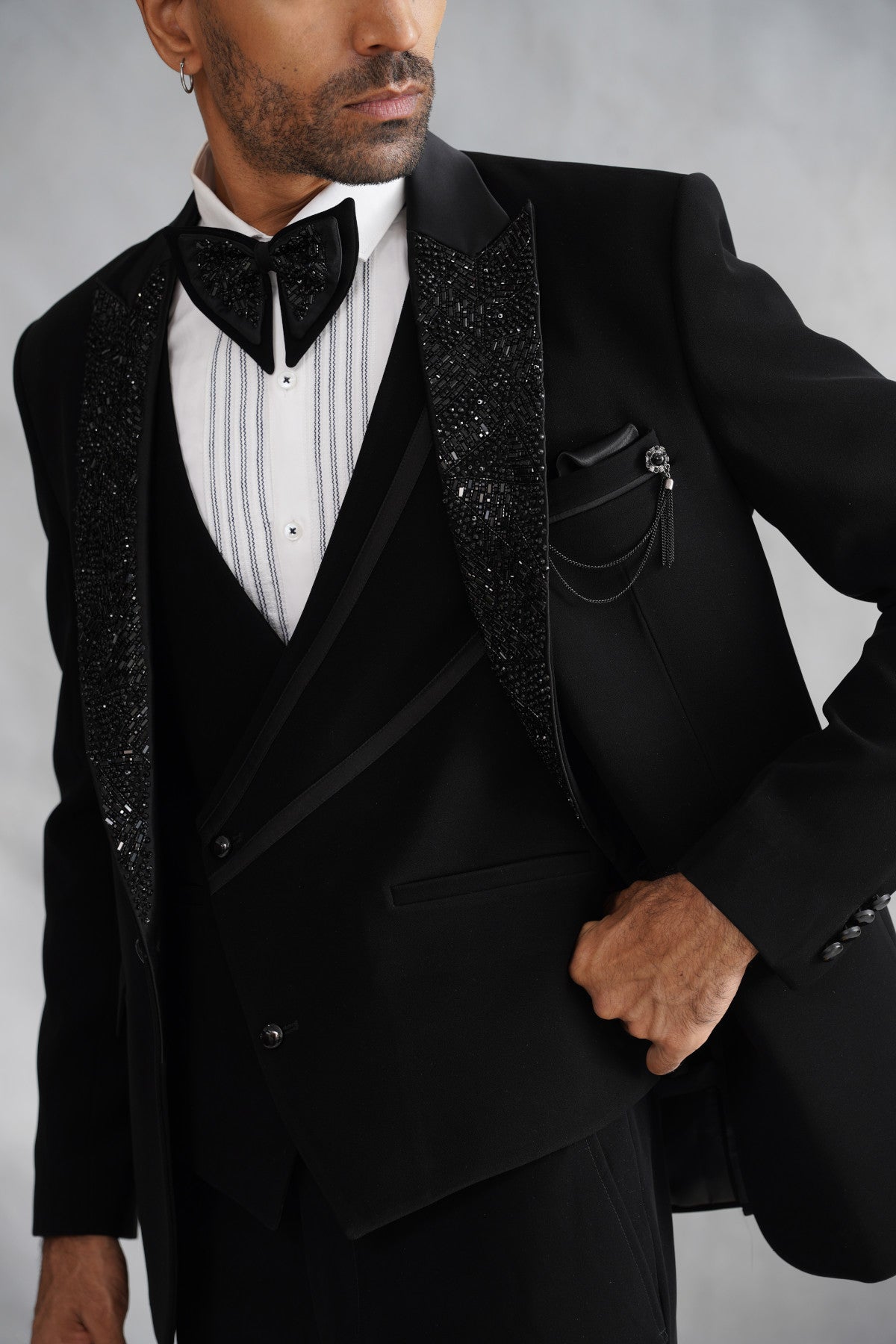 Black Tuxedo with Densely Embellished Crystal Lapel