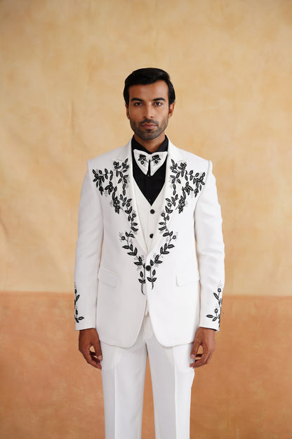 White Tuxedo with High-Contrast Black Botanical Embroidery