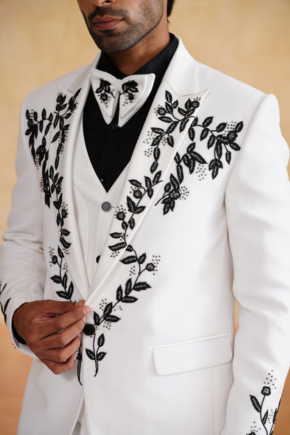 White Tuxedo with High-Contrast Black Botanical Embroidery