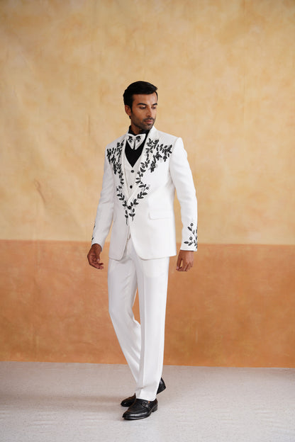 White Tuxedo with High-Contrast Black Botanical Embroidery
