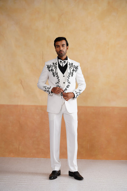 White Tuxedo with High-Contrast Black Botanical Embroidery