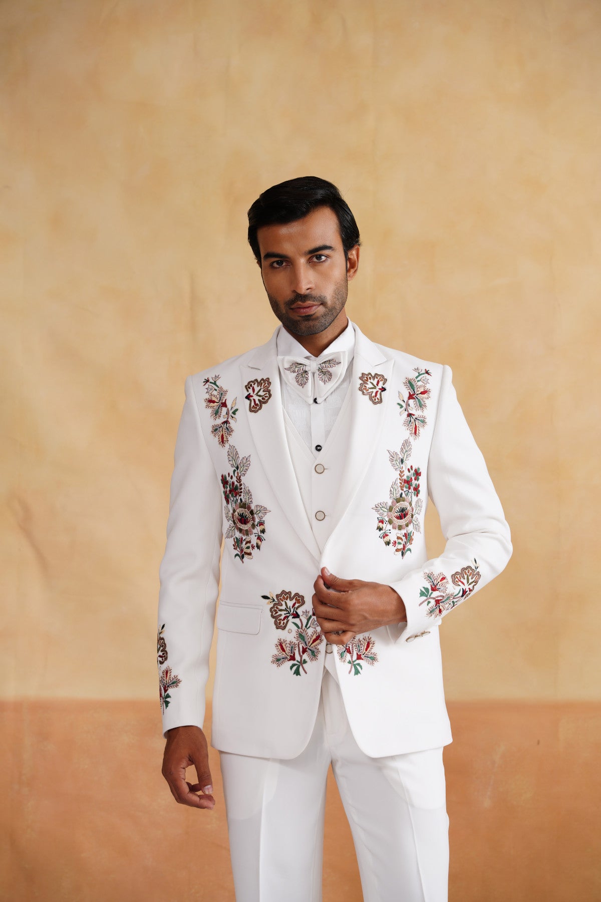 Ivory Tuxedo with Earthy Floral Embroidery