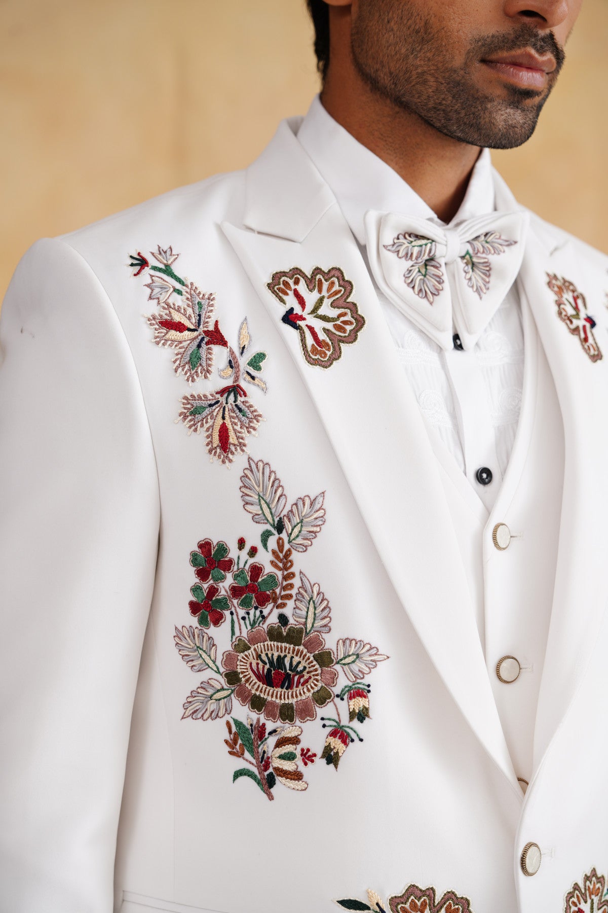 Ivory Tuxedo with Earthy Floral Embroidery