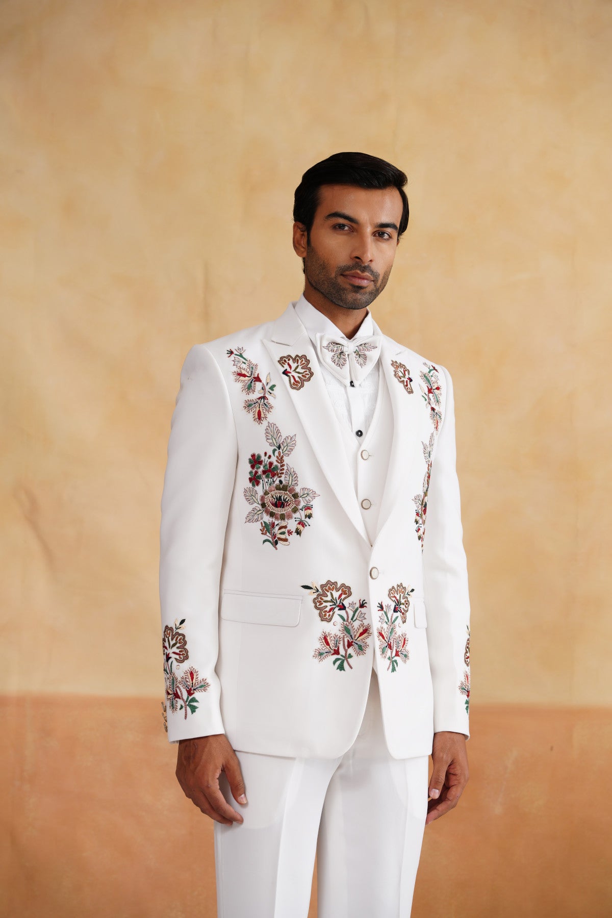 Ivory Tuxedo with Earthy Floral Embroidery