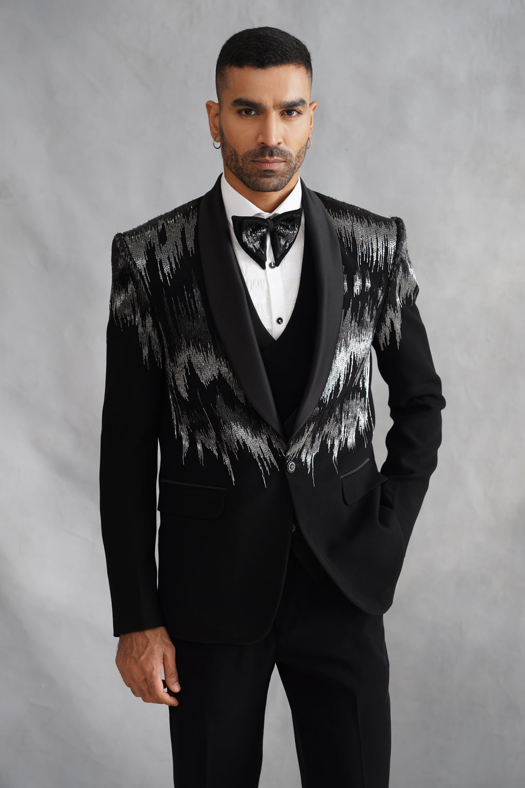 Black Hand Embroidered Tuxedo on Italian Fabric