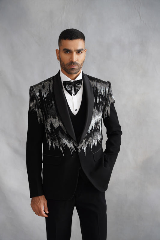 Black Hand Embroidered Tuxedo on Italian Fabric