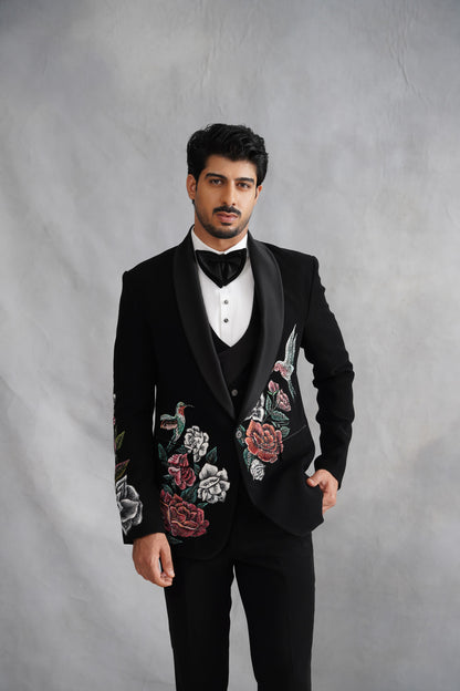 Black Tuxedo with Botanical Rose & Avian Hand Painting