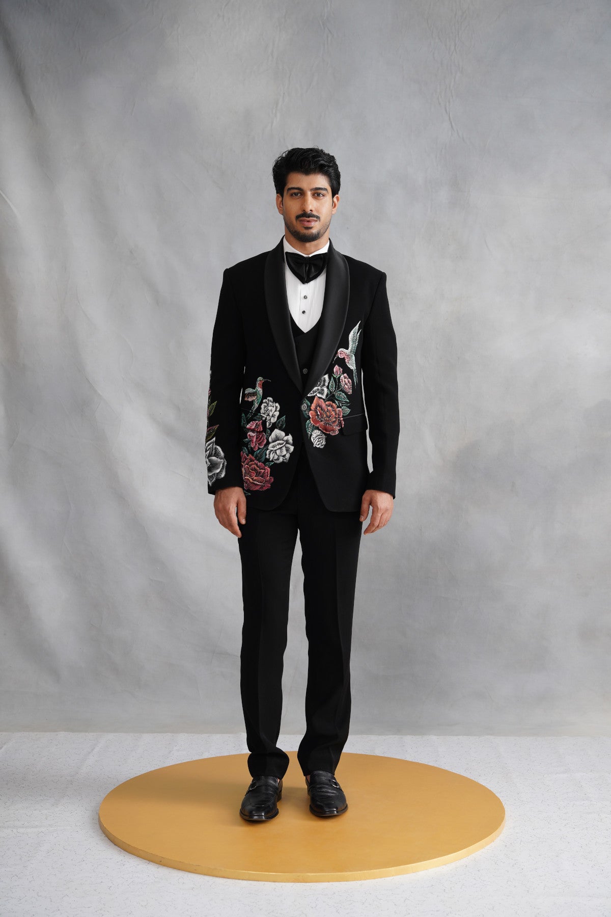 Black Tuxedo with Botanical Rose & Avian Hand Painting