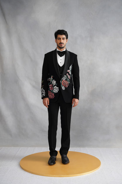 Black Tuxedo with Botanical Rose & Avian Hand Painting